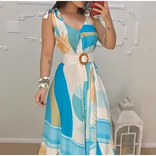 Decote Floral Boho Estampado: Vestido Longo Feminino Sem Mangas com Cinto Balanço - Amarelo