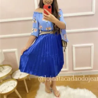 Moda Evangélica - Saia Plissada Mid - Azul Marinho