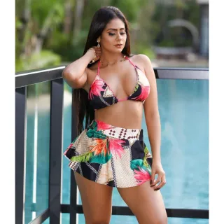 Biquini Feminino com Saia Sainha - Estampa Variada - Branco