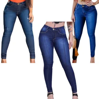 Kit 3 Calças Femininas Lycra Jeans Cintura Alta - Modelagem Levanta Bumbum - Azul Aço, Azul Clara e Azul
