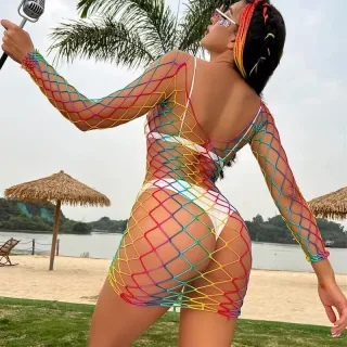 Saída de Praia Sexy Listrado Arco Íris Multicolorido Vestido Curto - Modelo 1