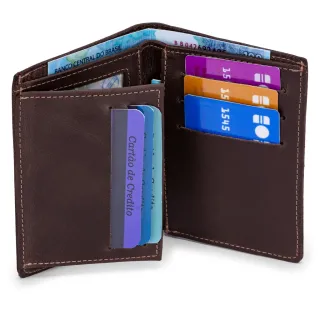 Couro Legítimo Carteira Vertical Masculina 6 Cartões CNH RG - MARROM CLARO-GAMB