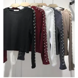 Blusa Feminina Manga Longa Linho Frio com Detalhe de Pérolas - Vinho