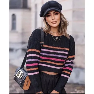 Moda Blogueira: Blusa Feminina Tricot Ciganinha 4 Cores - Chumbo c/ Listras Variadas