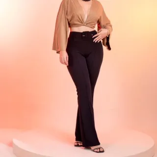 Cinto alta cintura malha flare feminino crepe | Calça boca de sino - Preto