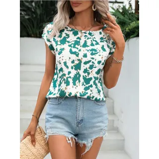 Camisa Feminina Impressa com Padrão de Elemento Vegetal Verde - Branco