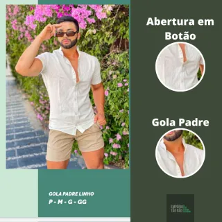 Camisa Masculina Premium de Linho com Gola Padre e Manga Curta - Ideal para Festas e Praia - Branco