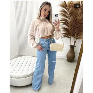 Camisa Social Gola Alta Estilosa - Tendência Moda Feminina - Preto