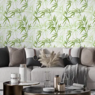 Rolo Vinílico Adesivo Folhagem de Bambu Verde Branco - Para Sala, Quarto e Escritório - Único