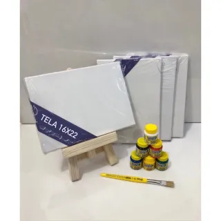 Mini Cavalete + Kit Pintura 4Telas: 16X22, 6 Tintas e Pincel - Único