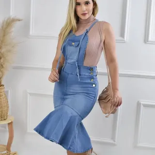 Moda Evangélica: Saia Jardineira Jeans com Elastano Premium - GG/40