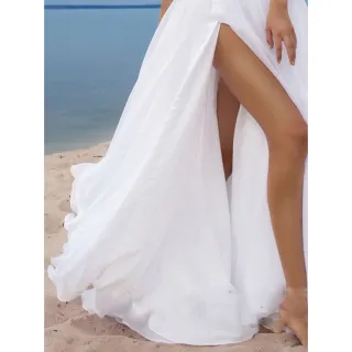 Maxi Vestido Branco Feminino de Renda Chiffon com Decote em V - Promoção - Branco
