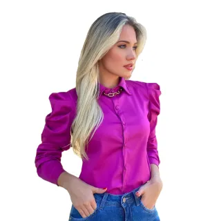 Cetim Social Manga Longa Camisa Bufante Feminina - Azul Marinho