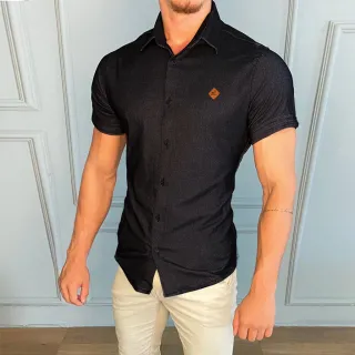 Camisa Jeans Masculina Manga Curta + Camisa Social Slim Manga Curta - Jeans Claro+Viscolinho Preta