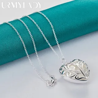 Corrente de colar feminino Prata 925 Pingente de Coração Oco 16-30 Polegadas - Corrente de cobra