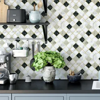 Azulejo Cozinha Papel de Parede Mármore Pedra Preta e Branca Linhas Douradas Lavável 3m - Único