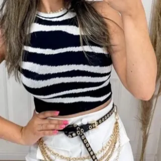 Promoção: Regata Animal Print Zebra de Tricot - preto/bege