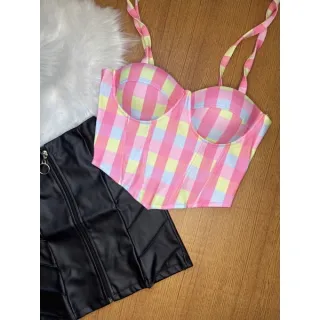 Corset com bojo floral onça amarrar no ombro, colorido e candy colors - 5-bolinha candy