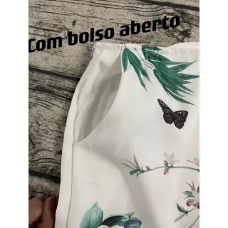 Short feminina estampa Flores e pássaros, poliéster com zíper - Moda Verão - CORES VARIADAS