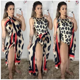 Moda praia feminina: Conjunto bori com saída canga e bojo - Coqueiro alça fina