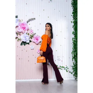 Calça Malha Crepe Flare Cintura Alta - Vinho