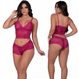 Lingerie feminina renda cropped conjunto completo - M cores variadas