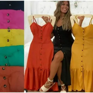 Vestido feminino longo com botões e babado, estilo blogueira - Azul