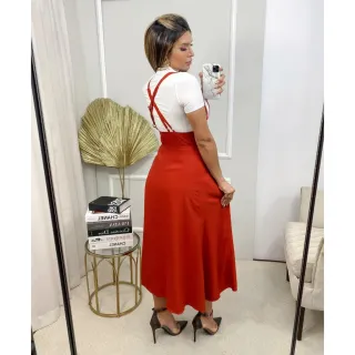 Saia com suspensório midi YY8215 - Botões, bolsos e reguláveis - Verde