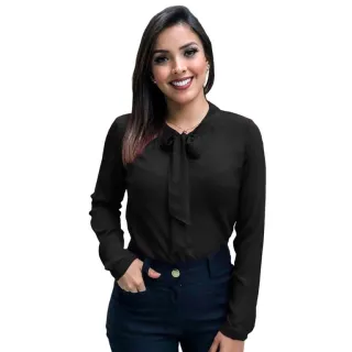 Blusa Social Feminina Manga Longa com Laço na Gola - Rosa
