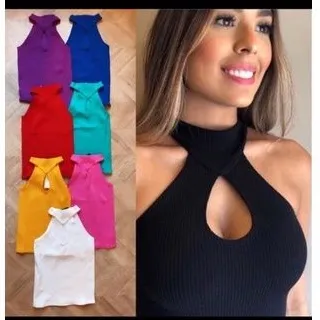 Blusa Regata Feminina Gola Alta Decote em Gota com Bojo - TAM: ÚNICO 36/40 - Azul Claro