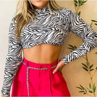 Top Cropped manga longa zebra com bojo Tam u - moda gringa - Preto