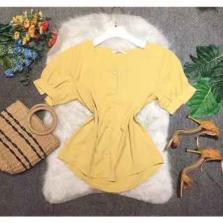 Blusa Manga Curta Liso Feminina - Social/Decote Em V Com Botões - Preto