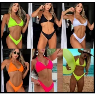 Promoção Biquíni Neon Luxo Blogueira - Super Lindo - PRETO NEON ROSA E VERDE