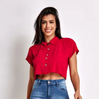 Camisa Social Cropped Feminina em Viscolinho Verão 2022 - Azul