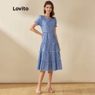 Vestido Plissado Xadrez Casual Midi Azul - Lovito - Azul