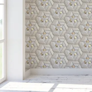 Papel de Parede Vinílico Branco Fosco com Detalhe Dourado - Efeito 3D - Por Metro - Único