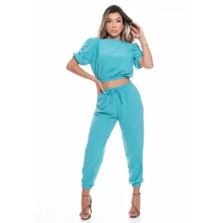 Moda Verão: Conjunto Cropped Manga Curta e Calça Jogger Confortável em Crepe - azul com manga