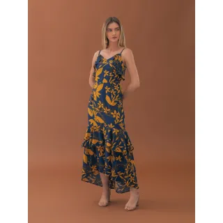 Vestido estampado flores longo com babados em crepe setinado - Folha Laranja e fundo azul