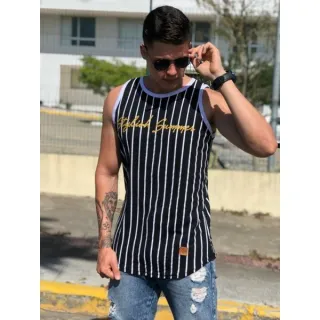 Lançamento: Camiseta Masculina Listrada Longline Oversized - Regata Preta listrada