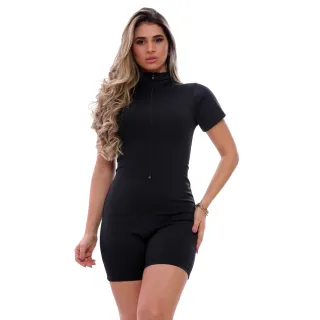 Fitness Macacão Gringo Zíper Shorts - Preto