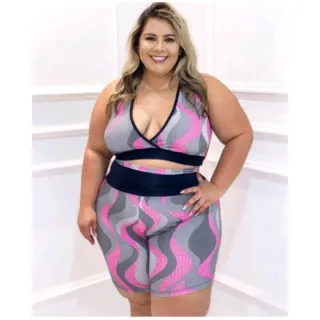 Plus Size Conjunto Fitness Roupa Academia GG e XGG - Top + Short - CONJUNTO PLUS ESTAMPADO