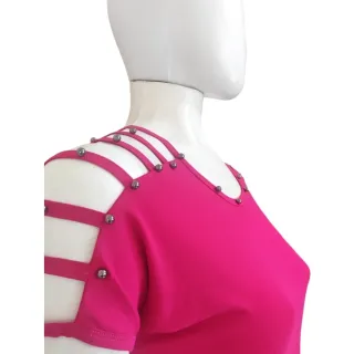 Blusinha Plus Size Manga Curta Tira Vazada Viscolycra Pérola Metalizada GG 44/48 - Rosa