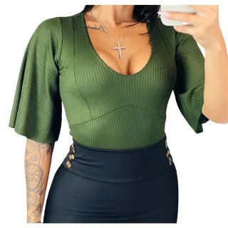 Moda Evangelica Blusa Feminina Premium Canelado Manga Flare - Listrado