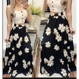 Moda Luxo Evento Saia Longa Feminina Plissada Estampada Floral - Branco off 2