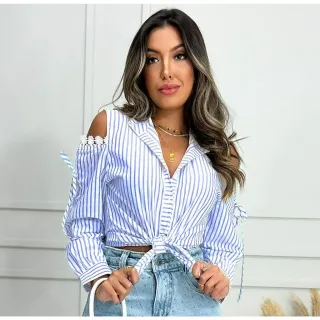 Camisa Feminina Social Listrada Manga Longa com Botão - Azul