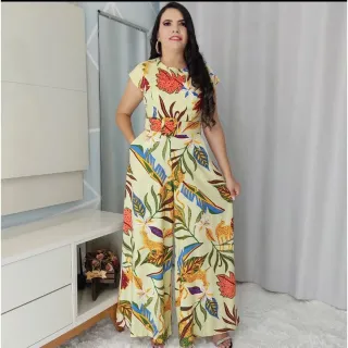 Moda Plus Size e Evangélica - Macacão Pantalona Social P/M/G/GG/XG com Cinto e Mangas - Telha-viscolinho