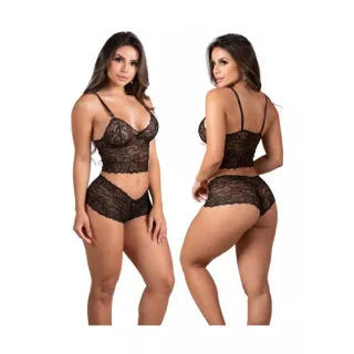 Lingerie feminina renda cropped conjunto completo - M cores variadas