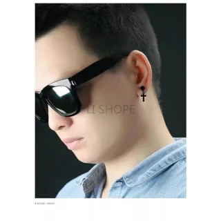 Brinco Barbell Style Cross Pendurado com Cruz em Aço Inoxidável Unisex - Prata, Preto, Dourado - uni preto