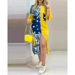 Vestido soltinho evangélico feminino manga comprida lapela estampado longo - Azul e Branco