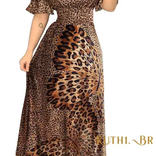 Estampa de Borboleta em Vestido Longo Feminino de Oncinha - Leopardo-m
